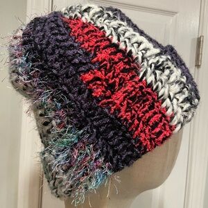 Handmade Crochet Chunky Ribbed Upcycled Multi Fiber Scrappy Yarn Beanie Hat